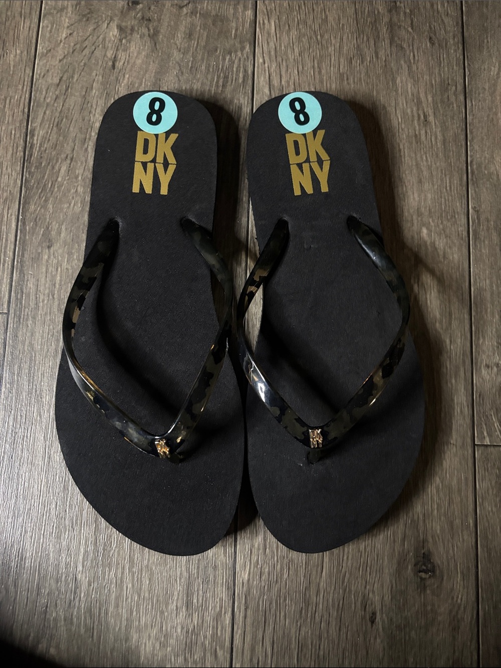 DKNY Black Flip Flops with Gold Logo and Teal Size Dot - Picture 2 of 6